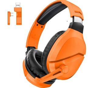 lot 62933 image: Wireless Gaming Headset with Noise Canceling Microphone for PS5, PC, PS4, 2.4GBluetooth Gaming Headphones with USB and Type-c Connector, Wired Mode for Controller - Orange - Retail $32