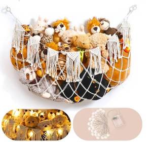 lot 62945 image: Stuffed Animal Storage Hammock with Lights- Boho Wall Hanging Plushie Net for Stuff Animal Organizer and Teddy Bear Storage, Small Toy Hammock for Kids Bedrooms Playroom Nursery(White Small) - Retail $18