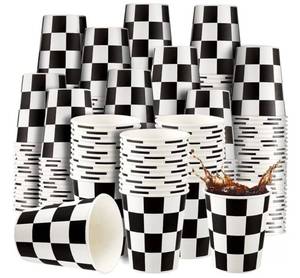 lot 62953 image: 100 Pieces Checkered 9 oz Paper Flag Race Car Cups Party Supplies Black and White Cups Bulk Disposable Beverage for Checkered Themed Birthday Party Decorations - Retail $22