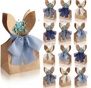 lot 62958 image: 24 Set Boho Bow Easter Bunny Party Favor Bags DIY Bunny Gift Boxes with Neutral Bow Ribbon and Dried Flowers Rustic Paper Rabbit Ears Treat Bags Bulk for Easter Spring (Dirty Blue) - Retail $19