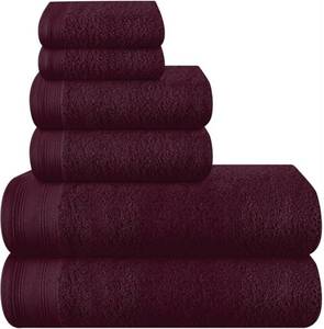 lot 62961 image: Ultra Soft 6 Pack Cotton Towel Set, Contains 2 Bath Towels 28x55 inch, 2 Hand Towels 16x24 inch & 2 Wash Cloths 12x12 inch, Ideal Everyday use, Compact & Lightweight - Burgundy - Retail $19