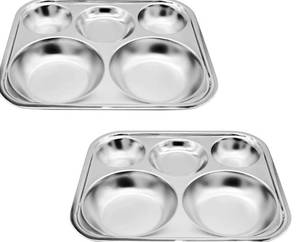 lot 62968 image: Korean Stainless Steel Divided Plates for Adults, Teens, Premium 304, Electro-Polished, No Black Residue, BPA-Free, Large 5-Compartment Food Tray, Diet Portion Control, Camping, Set of 2 - Retail $34