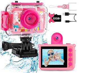 lot 62972 image: Pool Toy & Kids Underwater Camera - 99FT Waterproof Kid Action Camera 1080P Video&20MP Photo with Flip Lens, Includes 32GB Card for Diving Swimming Beach Snorkeling, Birthday Gift for Girls - GKTZ - Retail $37