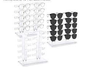 lot 62984 image: 3 Pack Plastic Sunglasses Rack, 6 Row 30 Pairs Eyeglasses Holder Display Stand, Transparent Eyewear Frame Riser, Glass Showcase Stand Organizer for Collection, Home, Store, 10-Pair Each Holder - Retail $19