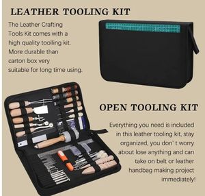lot 62985 image: Leather Working Kit, Leather Tools, Working Tool Kits with Stamping Tools Storage Bag Cutting Mat Prong Punch Waxed Thread Stitching Groover for DIY Craft. SOME MISSING PIECES. - Retail $50