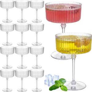 lot 62991 image: 12 Pcs Ribbed Martini Glasses 10 oz Disposable Plastic Vintage Ribbed Coupe Glasses Unbreakable Dessert Parfait Glassware for Wedding Birthday Party Supplies (Clear) - Retail $23