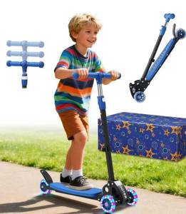 lot 62995 image: Childrens Scooter, Foldable Three Wheel Lean-to-Steer Scooter for Kids Ages 6-10, Heavy Duty Toddler Scooter, 3 Wheeled Scooter. VISIBLE USE. - Retail $40