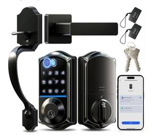 lot 62996 image: VE017-H Fingerprint Smart Front Door Lock Set, App Control, 8-in-1 Keyless Entry Deadbolt with Zinc Alloy Handles, Emergency Power Port, Touchscreen Keypad, Auto Lock, Easy Install, Matte Black - Retail $180