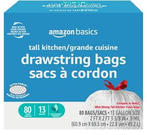 lot 63010 image: Amazon Basics Ultra-Force Tall Kitchen Drawstring Trash Bags, Classic Clean Scented, 13 Gallon, 80 Count with Odor Control - Retail $13