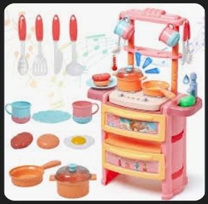 lot 63011 image: Plastic Pretend Play Kitchen Set - Multi-Color Kitchen Playset - Stove with Lights and Sounds - Working Faucet with Water Circulation - Retail $50