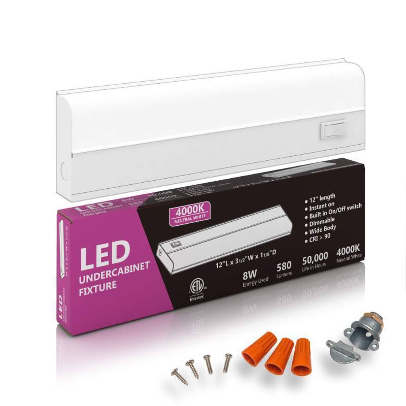 lot 44453 image: Hardwired LED Under Cabinet Lighting - 8 Watt, Dimmable, CRI90, 4000K (Cool White), Wide Body, Long Lasting Metal Base with Frost Lens,12 Inch - Retail $25