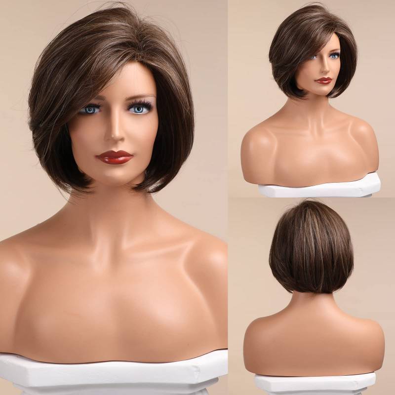 lot 51132 image: HAIRCUBE Brown Bob Wig Short Hair Wigs for Women Highlight Heat Resistant Fibre Synthetic Wig Natural Looking 10 Inch - Retail $40