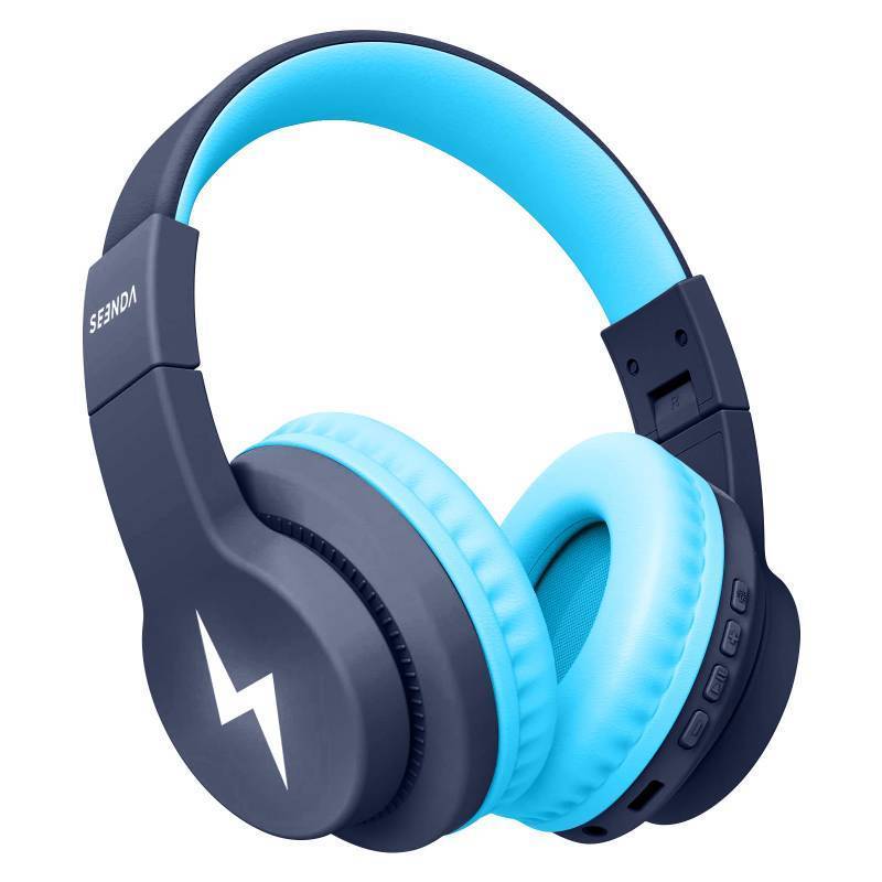lot 21966 image: seenda Kids Bluetooth Headphones, JCH-01 Kids Wireless Headphones for School, 8594dB Volume Limited, 45H Playtime, 3 Lighting Modes, Built-in Mic Headset with Aux Cord for iPadTablet, Dark Blue - Retail $26