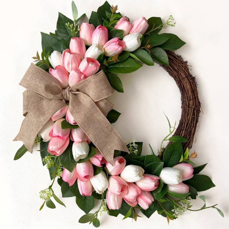 lot 22729 image: Tulip Wreath for Front Door, 18 Half Moon Tulip Spring Wreath with Green Leaves and Burlap Bow, Artificial Floral Flower Door Wreath for All Seasons Wall Window Valentine Easter Home D�cor - Retail $45
