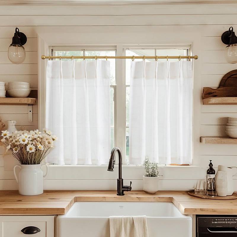 lot 29718 image: jinchan Linen Pinch Pleated Kitchen Curtains 24 Inch 2 Panels, Natural Linen Tier Curtains Back Tab Beige Farmhouse Cafe, Light Filtering Small Window Drapes for Bathroom Laundry Room Off White - Retail $22