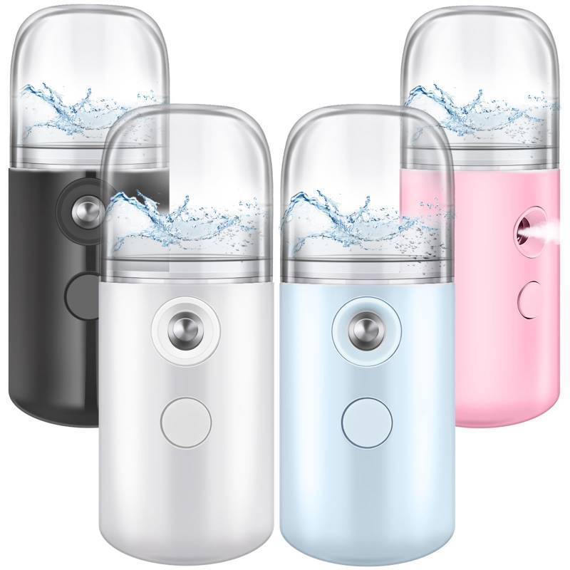 lot 31565 image: Mudder 4 Pcs Nano Facial Mister Handy Nano Mist Sprayer 30ml Visual Water Tank Portable Face Steamer Mini USB Mister for Lash Extensions, Skin Care, Makeup(White, Black, Blue, Pink) - Retail $13