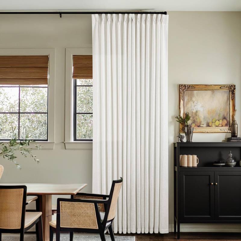 lot 44299 image: Thick Linen Semi Sheer Curtains 90 Inches Long for Living Room Bedroom Light Filtering Beige Off White Textured Burlap Pinch Pleated Curtains 90 Length Hooks Rings Back Tab for Sliding Door 2 Panels - Retail $51
