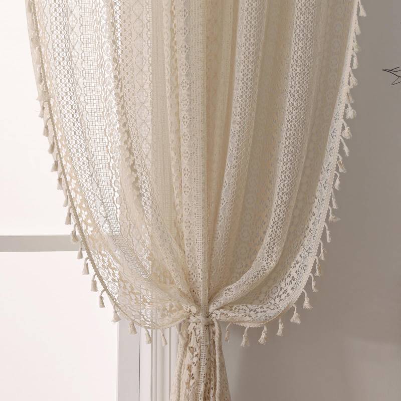 lot 44336 image: WAZZIO Boho Crochet Curtains for Living Room Lace Curtains 84 Inches Long 2 Panel, Rod Pocket Vintage Tassel Bohemian Decor Geometry Striped Light Filtering Semi Sheer Curtain Drapes for Bedroom,Beige - Retail $35