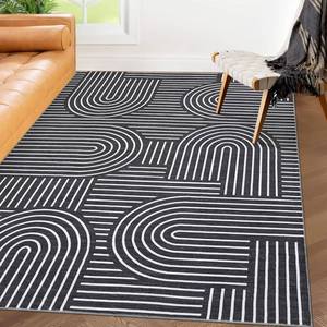 lot 32828 image: ROYHOME Washable Rug 4x6 Area Rugs for Living Room, Abstract Rug for Bedroom, Soft Rainbow Non Slip Throw Rugs with Rubber Back, Low Pile Stain Resistant Boho Geometric Carpet for Dining Room, Black - Retail $35