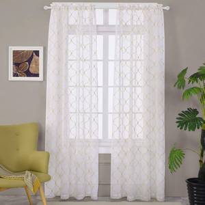 lot 32830 image: MYSTIC-HOME Embroidery Gold Sheer Curtains 84 Inches Long, Rod Pocket Sheer Drapes for Living Room, Bedroom, 2 Panels, 52x84, Semi Crinkle Voile Window Treatments for Yard, Patio, Villa, Parlor. - Retail $26