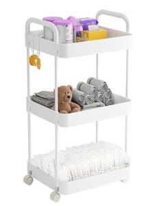 lot 32848 image: Volnamal Diaper Caddy Organizer, 3-Tier Movable Diaper Cart with Wheels, Newborn Essentials Must Haves, Diaper Caddy for Wipes & Diapers, Baby Registry Search - Plastic White - Retail $28