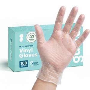 lot 32852 image: GUSTO Clear Vinyl Plastic Gloves 100 Count Latex-Free, Powder-Free, Food Safe Disposable Gloves for Cooking, Meal Prep, Cleaning & Everyday Use (Formerly Comfy Package) - Retail $9