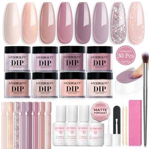 lot 32874 image: AZUREBEAUTY 30Pcs Dip Powder Nail Kit with Matte Top Coat, 8 Neutral Nude Lilac Colors, Starter Set