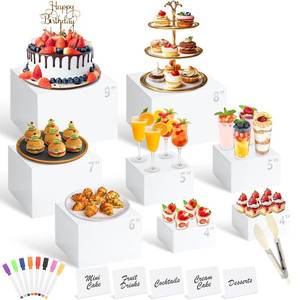 lot 32875 image: 8 Pcs White Buffet Risers with Mini Table Sign, Serving Tongs, Acrylic Food Risers for Buffet Table Display Stand Shelf for Party Catering Dessert Jewelry Collectibles (Size 9 8 7 6 5 5 4 4) - Retail $41