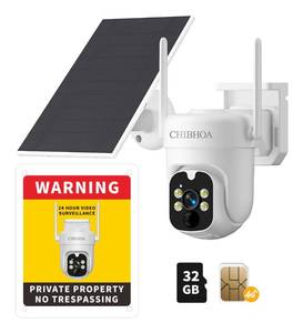 lot 32878 image: CHIBHOA 4G LTE Solar Security Camera - No WiFi Cellular Outdoor Camera with 2K Color Night Vision, PIR Motion Detection, 2-Way Audio, Siren Alarm, 360° Live View, SIM Card & 32GB SD Card Included - Retail $40