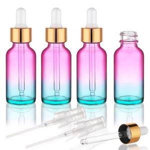 lot 32889 image: Hethyo 4 pack 1 oz Glass Dropper Bottle with Extra 2 Spray Nozzles 30ml Rainbow Colored Thick Glass Tincture Bottles Leakproof Travel Essential Oils Bottles (1 OZ) - Retail $8