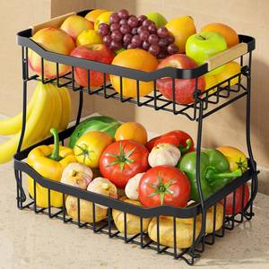 lot 32898 image: Sakugi Fruit Basket for Kitchen Counter - 2 Tier Detachable Fruit Vegetable Basket with Banana Hanger, Metal Countertop Fruit Stand with Wooden Handle, Brown, 8.5 D x 12.4 W x 12.3 H - Retail $678