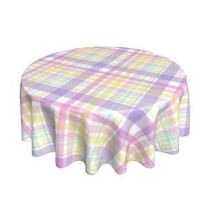 lot 42244 image: Sorktse Easter Tablecloth Round 70 x 70 Inch Spring Pink Yellow Purple Buffalo Plaid Round Table Cloth Polyester Fabric Easter Checkered Table Cover for Kitchen Party Picnic Outdoor Decor - Retail $18