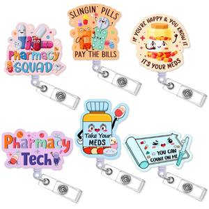 lot 42254 image: Obookey Cute Pharmacy Tech Badge Reel with Clip, Retractable ID Badge Holder with Glitter Pill, Funny Name Tag Badge Reels Gifts for Women Nurse Pharmacist Doctor Nursing Man Pharmacy Department - Retail $11