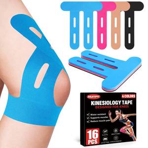 lot 42262 image: 16 PCS Kinesiology Tape for Knees, 4 Colors Knee Support Tape, Precut Knee Tape for Knee Stability, Athletic Tape, Kinetic Tape for Knee - Retail $10