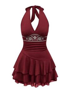 lot 42290 image: RoseSeek Womens Halter Backless Flowy Cowgirl Short Dress Sleeveless Ruched Tiered Layer Mini Dress Burgundy X-Large
