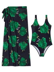 lot 42291 image: ChiaoLezhee Floral Swimsuit with Cover Up Skirt, Beach Vacation, 2 Piece Bathing Suit Coverup Flower Sarong Women Swim Mom Tummy Control Modest High Leg Cut Sexy Two Cheeky, Green Black, Small - Retail $30