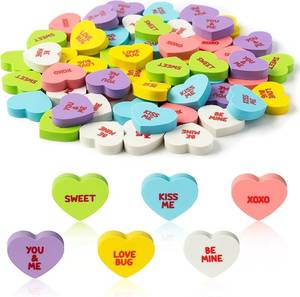 lot 42304 image: BeYumi 60Pcs Valentines Day Conversation Heart Mini Erasers for Kids Bulk Assorted Candy Colors Novelty Heart Pencil Eraser School Classroom Prizes Student Homework Rewards Gift Filling Party Favors - Retail $10