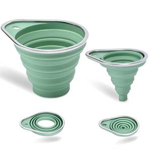 lot 42308 image: BooMetCheer New Upgraded 2-Pack Silicone Collapsible Funnel Set with Stainless Steel Rim, Includes Large & Small Funnels for Filling Bottles,Canning,Dry & Liquid Ingredients (Green) - Retail $9