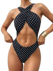 lot 42318 image: ChiaoLezhee Womens Sexy Halter Monokini, Criss-Cross Underboob Cutout, One Piece High-Cut Thong Swimsuit Beach Pool Party, Black Polka Dot, Small - Retail $40