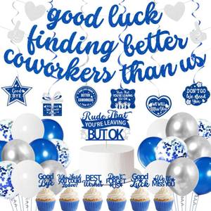 lot 42319 image: Roetyce Coworker Farewell Decorations, Blue Silver Good Luck Finding Better Coworkers Than Us Banner Cake Toppers Balloons Hanging Swirls, Blue Going AwayGoodbyeLeaving Party Supplies for Job Change - Retail $17