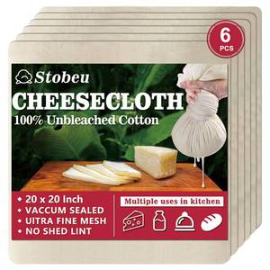 lot 42323 image: 6Pcs Cheese Cloths for Straining, Reusable Grade 100 Cheesecloth for Cooking, 20x20 Ultra Fine Mesh Cheese Cloth,100% Unbleached Cotton Cloth Strainer for Juicing, Baking, Cheese Making - Retail $7