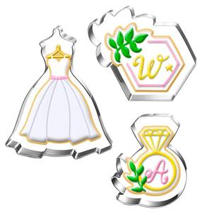 lot 42340 image: Auktosmn New Green Wedding Cookie Cutter Set-3 Pieces-Wedding Dress, Diamond Ring, Hexagon Cookie Cutter with Leaf-Dishwasher Safe Fondant Cookie Cutters - Retail $10