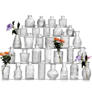 lot 61822 image: Glass Bud Vase Set of 30 - Small Vases for Flowers in Bulk - Assorted Vintage Crystal Vases for Flowers, Table Centerpieces (Clear, 30 Pcs) - Retail $43