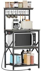 lot 62053 image: Furologee Kitchen Bakers Rack with Power Outlet, Coffee Bar Station with Storage 4 Tiers, Microwave Oven Stand with 6 S Hooks, Kitchen Storage Shelves Rack for Spices, Pots, Black Oak - Retail $60