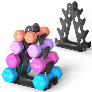 lot 62056 image: 4-Tier Dumbbell Rack for 1-15 lb Weights (Dumbbell Rack Stand Only) Holds 5 Pairs Space-Saving Sturdy A-Frame Stand for Home Gym, Weight Rack for Womens Dumbbell Set - Retail $30