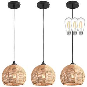 lot 4521 image: AyshwillDec 3 Pack Wicker Pendant Light Natural Woven Pendant Light Boho Chandelier Light Fixture Dome Rustic Farmhouse Pendant Lights Rattan Light Fixture for Dining Room Kitchen Island (Bulb Incl.) - Retail $110