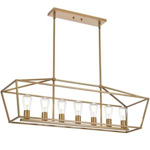 lot 4524 image: VINLUZ Gold Chandelier, Modern 7 Lights Metal Light Fixture for Dining Room Farmhouse Metal Kitchen Island Lighting Large Rectangle Hanging Pendant Lighting for Living Room Foyer Bedroom - Retail $240