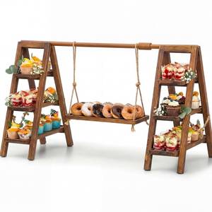 lot 4542 image: Wooden 3 Tier Swing Cupcake Stand with Serving Platter Foldable Ladder Stand Dessert Display Snack Fruit Cake Bread Centerpieces for Party, Birthday, Wedding, Baby Shower(Dark Walnut) - Retail $49