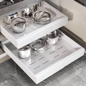 lot 4558 image: Seinloes 2 Pack Pull Out Cabinet Organizer 22 Deep,Full Extension 3 Slide Rails Slide Out Drawers With Raising Pad for Framed Cabinets,Expandable Width (12.3-20.5),No Drill Roll Out shelf,White - Retail $78