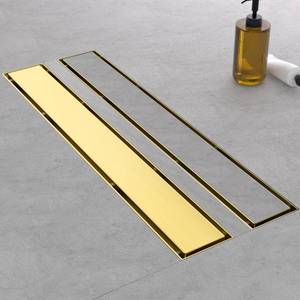 lot 4559 image: EBYTE Linear Shower Drain, 36 Inch Brushed Gold 304 Stainless Steel Shower Drain with Tile Insert Panels, Long Rectangle Shower Floor Drain with Adjustable Feet, Hair Catcher, Fits Bathroom, Balcony - Retail $90